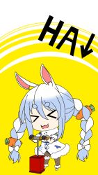 &gt;_&lt; 1girl animal_ear_fluff animal_ears animated animated_gif artist_request blue_hair braid carrot carrot_hair_ornament chibi explosive food-themed_hair_ornament hair_ornament highres hololive laughing non-web_source open_mouth rabbit_ears rabbit_girl solo source_request tnt twin_braids usada_pekora usada_pekora_(1st_costume) virtual_youtuber white_hair