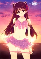 10s 1girl absurdres bikini breasts brown_eyes brown_hair cleavage female_focus flower frilled_bikini frills front-tie_bikini_top front-tie_top hair_flower hair_ornament hibiscus highres looking_at_viewer medium_breasts nakamura_takeshi navel ocean ogiso_setsuna outdoors panties panty_pull pink_bikini sky solo swimsuit underwear white_album_(series) white_album_2