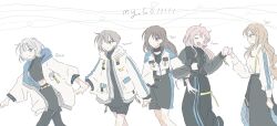 5girls bang_dream! bang_dream!_it&#039;s_mygo!!!!! black_dress black_pants black_shirt black_shorts black_skirt blue_eyes brown_eyes brown_hair chap55al character_name chihaya_anon closed_eyes closed_mouth commentary_request cropped_shirt dress fang grey_hair group_name highres holding_another&#039;s_wrist hood hood_down hooded_jacket jacket kaname_raana korean_commentary midriff mole mole_under_eye multiple_girls mygo!!!!!_(bang_dream!) nagasaki_soyo navel open_clothes open_jacket open_mouth pants pants_under_skirt purple_eyes shiina_taki shirt short_hair shorts sidelocks simple_background skirt sweatdrop sweater takamatsu_tomori white_background white_hair white_jacket white_sweater