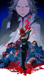 Rule 34 | 6+boys, absurdres, ahoge, aotsuki eito, arms up, belt, black gloves, black pants, black streaks, blood, blood on clothes, blood on face, blood splatter, blue fire, breast pocket, chinese commentary, crying, fire, gakuran, glasses, gloves, grey hair, hand up, highres, holding, holding sword, holding weapon, jacket, last defense academy school uniform, looking at another, male focus, multicolored hair, multiple boys, pants, pile of corpses, pocket, purple eyes, red hair, school uniform, short hair, smile, spoilers, streaked hair, sumino takumi, sword, the hundred line -last defense academy-, weapon, white belt, white jacket, xiamu081