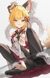 1girl absurdres against_glass animal_ear_fluff animal_ears anus arm_support black_choker black_pantyhose blonde_hair braid breasts brown_eyes choker closed_mouth clothing_aside covered_anus covered_navel dog_ears dog_tail erune feet from_below frontal_wedgie granblue_fantasy highres hyouta_(yoneya) japanese_clothes looking_at_viewer nipples pantyhose rope self_wedgie shimenawa short_hair sideless_outfit small_breasts smile soles solo squatting tail toes vajra_(granblue_fantasy) wedgie