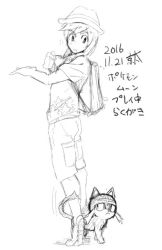 1boy 2016 backpack bad_id bad_twitter_id bag creatures_(company) dated elio_(pokemon) full_body game_freak gen_7_pokemon greyscale hat kyouta_(a01891226) litten looking_down male_focus monochrome nintendo pocket pokemon pokemon_(creature) pokemon_sm short_hair shorts signature sketch star_(symbol) star_print swept_bangs tiptoes white_background