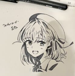 Rule 34 | 1girl, art tools in frame, beret, bien (djpwjd1), collared shirt, cropped shoulders, fortune movie (love live!), greyscale, hair ribbon, hat, highres, hinoshita kaho, link! like! love live!, looking at viewer, love live!, marker (medium), medium hair, monochrome, official alternate costume, portrait, ribbon, shirt, solo, spot color, traditional media, two side up, virtual youtuber
