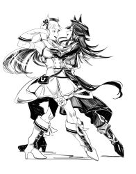 2girls animal_ears armband boots commentary_request dancing dress ear_covers ears_through_headwear elbow_gloves fenomeno_(umamusume) from_side full_body gloves gold_ship_(umamusume) greyscale hand_grab hat highres horse_ears horse_girl horse_tail horseshoe_print invisible_floor jacket long_hair looking_at_another monochrome multiple_girls ohayonabeno open_mouth peaked_cap pillbox_hat simple_background sleeveless sleeveless_dress standing tail umamusume waist_bag waltz_(dance) white_background