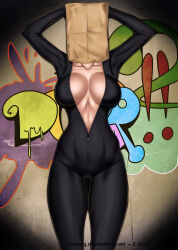 1girl armpits arms_up bag bag_over_head bodysuit breasts celty_sturluson cleavage collarbone dullahan durarara!! faceless faceless_female graffiti headless large_breasts legs midriff paper_bag tagme zipper