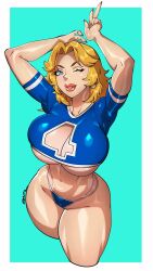 1girl 2025 alternate_breast_size alternate_costume arms_up artist_name bikini bikini_bottom_only blonde_hair blue_background blue_bikini blue_eyes border breasts collarbone commentary cropped_legs curvy earrings english_commentary fantastic_four female_focus foreshortening from_above highres huge_breasts jewelry jtt_artz logo long_hair marvel marvel_rivals midriff navel outside_border parted_bangs parted_lips red_lips red_nails shiny_skin simple_background smile solo standing sue_storm swimsuit thick_lips thick_thighs thighs thong_bikini underboob v wavy_hair white_trim wide_hips
