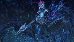 1girl amberely blue_eyes bodysuit breasts bubble capcom dragon gloves head_tilt helmet highres holding holding_weapon ice ice_dragon fairy_leviathan_(mega_man) looking_at_viewer looking_to_the_side medium_breasts polearm red_eyes mega_man_(series) mega_man_zero_(series) shaded_face smile spear thighhighs underwater water weapon white_gloves