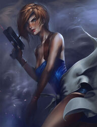 1girl black_gloves black_skirt blue_eyes blue_tube_top brown_hair fingerless_gloves gloves gun handgun highres holding holding_gun holding_weapon jill_valentine miniskirt parted_lips resident_evil resident_evil_3:_nemesis short_hair skirt strapless tony_maverick tube_top weapon