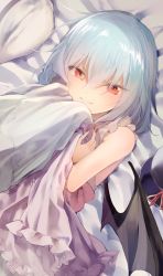 1girl bare_shoulders bat_wings bed_sheet blue_hair blush commentary_request dress fang fang_out female_focus hair_between_eyes highres holding holding_pillow hugging_object looking_at_viewer lying nail_polish no_headwear on_back pillow pillow_hug pink_dress red_eyes red_nails remilia_scarlet short_hair skin_fang smile solo touhou upper_body wings yuki_(popopo)