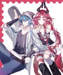 Rule 34 | 1boy, 1girl, arknights, arm up, bandaid, bandaid on knee, bandaid on leg, bare shoulders, black horns, blue hair, bright pupils, chinese commentary, closed mouth, commentary request, diamond-shaped pupils, diamond (shape), grey hat, hair between eyes, hair ornament, hairclip, hand on another&#039;s shoulder, hat, heart, heart hair ornament, highres, horns, horns through headwear, long hair, mitm (arknights), nymph (arknights), off shoulder, pink eyes, pink hair, pointy ears, salute, short hair, smile, symbol-shaped pupils, tongxi65938 (mo zuoren), two-finger salute, v, very long hair, white background, white pupils