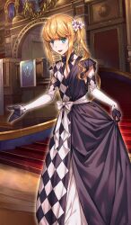 1other androgynous belt black_bow black_bowtie black_dress black_gloves blonde_hair blue_eyes bow bow_choker bowtie brown_background checkered_clothes checkered_dress chevalier_d&#039;eon_(fate) chevalier_d&#039;eon_(formal_dress)_(fate) choker cleavage_cutout clothes_lift clothing_cutout collarbone command_spell commentary dress dress_lift earrings elbow_gloves fate/grand_order fate_(series) flower gloves hair_flower hair_ornament indoors jewelry layered_dress light_particles lily_(flower) long_dress long_hair long_sidelocks looking_at_viewer lord_camelot_(fate) moriyama_daisuke official_art open_mouth other_focus short_sleeves side_ponytail sidelocks smile stairs standing swept_bangs third-party_source two-tone_dress two-tone_gloves v-neck waist_bow white_belt white_bow white_dress white_gloves white_lily