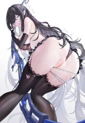 1girl absurdres anus azreall black_bra black_panties black_thighhighs blue_eyes blush bow_(weapon) bra elbow_gloves gloves heart heart-shaped_pupils highres holding holding_bow_(weapon) holding_weapon long_hair looking_at_viewer nipples open_mouth original panties pointy_ears pussy simple_background smile solo symbol-shaped_pupils thighhighs tongue tongue_out underwear weapon white_background