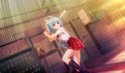2girls baseball_bat batting_cage batting_stance black_footwear black_socks blurry bow bowtie brown_eyes brown_hair cinderella_series closed_mouth depth_of_field dutch_angle film_grain game_cg glint green_bow green_hair hachigatsu_no_cinderella_nine hair_bow high_side_ponytail highres holding holding_baseball_bat holding_notebook indoors kneehighs light_particles long_hair looking_ahead metal_baseball_bat miniskirt multiple_girls net non-web_source notebook official_art osaki_miyo plaid_bow plaid_bowtie plaid_clothes plaid_skirt playing_sports pleated_skirt red_bow red_bowtie red_skirt school_uniform shirt short_sleeves skirt socks solo_focus sparkle v-shaped_eyebrows white_shirt