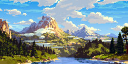 blue_sky cloud cloudy_sky forest mountain mountainous_horizon nature no_humans original outdoors philipp_urlich pine_tree pixel_art river riverbank rock scenery shore sky tree water