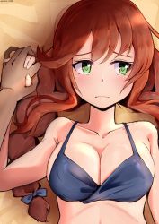 1boy 1girl absurdres alternate_costume bikini blue_bikini blue_ribbon blush braid breasts brown_hair cleavage green_eyes hair_between_eyes hair_ribbon highres kantai_collection komb large_breasts long_hair lying medium_breasts noshiro_(kancolle) on_back pov pov_hands ribbon sand solo_focus swimsuit twin_braids