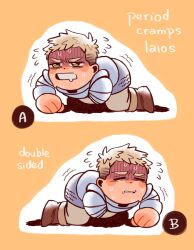 1boy all_fours armor blonde_hair boots brown_footwear brown_pants chibi clenched_teeth closed_eyes commentary drooling dungeon_meshi english_commentary english_text flying_sweatdrops full_body furrowed_brow highres holding_stomach laios_touden lazynico male_focus mouth_drool multiple_views pants pauldrons short_hair shoulder_armor sick sweat teeth trembling undercut very_short_hair yellow_eyes