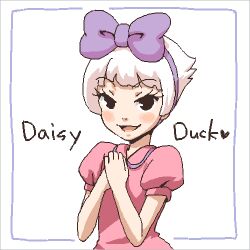 1girl bow character_name daisy_duck disney hair_bow heart humanization jewelry looking_at_viewer lowres mickey_mouse_&amp;_friends open_mouth puffy_short_sleeves puffy_sleeves shirt short_hair short_sleeves smile solo waasa white_hair
