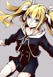 1girl absurdres arimura_hinae black_dress blonde_hair blue_eyes blush buttons chaos;child closed_mouth collarbone cropped_jacket double-breasted dress dress_vest hair_between_eyes hair_ribbon hekiho_academy_school_uniform highres light_blush long_hair long_sleeves looking_at_viewer outstretched_arms ribbon school_uniform science_adventure simple_background sitting smile solo thighhighs twintails two_side_up white_hood white_thighhighs yakku zettai_ryouiki