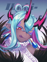 1girl absurdres bare_shoulders blonde_hair character_name colored_skin commentary earrings erchongbaojun facial_mark fate/grand_order fate_(series) grey_skin highres horns ibuki_douji_(fate) ibuki_douji_(second_ascension)_(fate) jewelry long_hair looking_at_viewer multicolored_hair one_eye_closed pink_hair pointy_ears red_eyes sleeveless sleeveless_sweater smile solo sweater tongue tongue_out two-tone_hair white_sweater