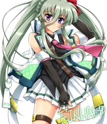 Rule 34 | armpit peek, artist name, black gloves, blush, braid, closed mouth, dated, einhard stratos, elbow gloves, fingerless gloves, gloves, green hair, heterochromia, highres, long hair, looking at viewer, lyrical nanoha, lyrical store, mahou shoujo lyrical nanoha vivid, miniskirt, pleated skirt, san-pon, simple background, skirt, twintails, vivid strike!, white background, white skirt