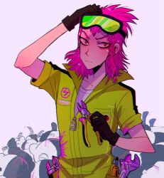 Rule 34 | 1boy, adjusting eyewear, alternate eye color, black gloves, blood, blood on clothes, braid, closed mouth, commentary, danganronpa (series), danganronpa 3 (anime), english commentary, gloves, goggles, goggles on head, hand on eyewear, highres, holding pliers, huyandere, jacket, long hair, monokuma, official alternate eye color, pink blood, pink hair, pliers, red eyes, screwdriver, shirt, short sleeves, side braid, simple background, single braid, soda kazuichi, solo, sweat, upper body, white background, white shirt, wrench, yellow jacket, zipper