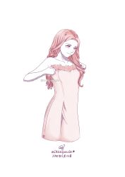 1girl adjusting_clothes artist_name closed_mouth commentary cropped_legs dated dress english_commentary gfriend highres k-pop long_hair looking_ahead mafuyumikka off-shoulder_dress off_shoulder pink_dress pink_hair real_life simple_background smile solo twitter_username white_background yerin_(gfriend)