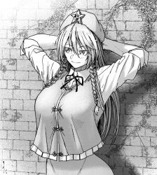 1girl arms_behind_head arms_up breasts brick_wall china_dress chinese_clothes closed_mouth curvy dress hair_between_eyes halftone hat hat_ornament hong_meiling koyubi_(littlefinger1988) large_breasts looking_to_the_side smile solo star_(symbol) star_hat_ornament touhou upper_body