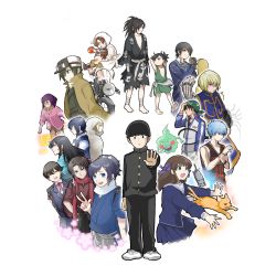 3girls 6+boys absurdres barefoot basketball_uniform black_hair blonde_hair blue_eyes blue_hair blue_skirt brown_jacket carrying character_request clenched_hand crossover dororo_(character) dororo_(tezuka) echizen_ryooma ekubo_(mob_psycho_100) frown fruits_basket gundam gundam_00 hat hermes_(kino_no_tabi) highres honda_tooru hunter_x_hunter hyakkimaru_(dororo) jacket jude_mathis kino_(kino_no_tabi) kino_no_tabi kurapika kuroko_no_basuke kuroko_tetsuya long_hair mob_psycho_100 multiple_boys multiple_crossover multiple_girls nukuyu_oekk open_mouth piggyback red_eyes school_uniform sidelocks simple_background skirt smile sohma_kyou sohma_yuki southern_italy_(hetalia) spain_(hetalia) sportswear standing tales_of_(series) tales_of_xillia tennis_no_ouji-sama tomato touken_ranbu v white_background wristband yellow_eyes