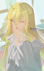 Rule 34 | 1girl, absurdres, ahoge, artist name, blonde hair, day, highres, indoors, knowname, long hair, long sleeves, one eye closed, pajamas, rock wa lady no tashinami deshite, suzunomiya lilisa, upper body, very long hair, watermark, white pajamas, yawning, yellow eyes