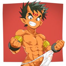 1boy abs bulge demon erection erection_under_clothes facial_mark fundoshi green_hair horns japanese_clothes male_focus muscular okulain penis pointy_ears shinrabanshou smile teeth tesshin_(shinrabanshou) underwear wet_underwear