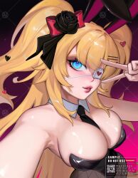 1girl akai_haato animal_ears bare_shoulders black_background black_leotard blonde_hair blue_eyes breasts eyepatch fake_animal_ears gradient_background highres hololive large_breasts leotard long_hair mae_algae pink_lips playboy_bunny purple_background rabbit_ears selfie simple_background solo strapless strapless_leotard two_side_up upper_body v very_long_hair virtual_youtuber watermark