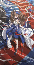 Rule 34 | 1girl, absurdres, ambience synesthesia, angelina (ambience synesthesia 2025) (arknights), angelina (arknights), animal ear fluff, animal ears, arknights, artist name, bare arms, bare shoulders, black socks, blue shoes, blush, branch, brown hair, closed mouth, crossed bangs, dated, fox ears, fox girl, hair between eyes, highres, holding, holding staff, kieed, long hair, looking at viewer, orange eyes, revision, shirt, shoes, sidelocks, sleeveless, sleeveless shirt, smile, socks, solo, staff, twintails, white shirt