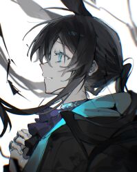 1girl amiya_(arknights) animal_ears aok1_1ro_(ok_1xxx) arknights ascot black_hair blue_collar blue_eyes chromatic_aberration clenched_teeth collar from_side hair_between_eyes hand_on_own_chest highres jewelry long_hair looking_up ponytail profile purple_ascot ring sidelocks sketch solo teeth white_background worried