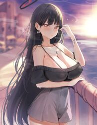 Rule 34 | 1girl, absurdres, armpit crease, black dress, black hair, blue archive, bracelet, breasts, cleavage, collarbone, dress, earrings, fluffyebi01, halo, highres, jewelry, long hair, looking at viewer, necklace, outdoors, parted lips, railing, red eyes, rio (blue archive), short dress, sky, solo, spaghetti strap, strap gap, sweat, very long hair, water