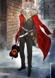 Rule 34 | 1boy, arm at side, belt, black belt, black shoes, buttons, city, closed mouth, coat, coat on shoulders, collarbone, dress pants, dress shoes, expressionless, fate/grand order, fate (series), floating clothes, formal clothes, full body, fur-trimmed coat, fur trim, game cg, green shirt, grey eyes, grey hair, grey jacket, grey pants, grey suit, gunbai, half updo, hand fan, hand in pocket, holding, holding fan, jacket, lapels, layered sleeves, long sleeves, looking at viewer, male focus, medium hair, notched lapels, o-ring, official art, open clothes, open coat, outdoors, oxfords, pants, pinstripe pattern, pinstripe suit, ponytail, red coat, sash, shirt, shoes, short ponytail, solo, standing, suit, suit jacket, takeda shingen (fate), third-party source, toi8, two-sided coat, two-sided fabric, unbuttoned, variant set, waist sash, war fan, white sash, wing collar