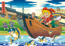 4boys blonde_hair blue_eyes boat bridge cloud fantasy fine_art_parody fish fishing_rod grass hat house link multiple_boys multiple_girls nihonga ninja open_mouth original outdoors parody pointy_ears sky smile tokyo_skytree ukiyo-e water watercraft witch_hat yukoiwase