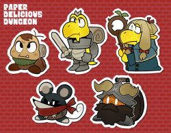 2girls 3boys animal_ears armor backpack bag blonde_hair blue_capelet blue_robe bob-omb brown_hair capelet copyright_name crossover dungeon_meshi facial_hair fake_horns fang goomba hair_ribbon helmet highres holding holding_staff holding_sword holding_weapon horned_helmet horns izutsumi koopa_troopa laios_touden magikoopa marcille_donato mario mario_(series) mouse_girl multiple_boys multiple_girls nintendo no_humans outline paper_mario paper_mario:_the_thousand-year_door red_background red_ribbon red_scarf ribbon robe scarf senshi_(dungeon_meshi) shioinu_kemushi staff sword tail weapon white_outline