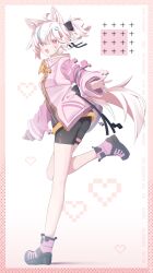 1girl :d ahoge alternate_costume animal_ear_fluff animal_ears ass bike_shorts black_bow black_shoes black_shorts blue_hair blush boots border bow bowtie bright_pupils dog_ears dog_tail fang fox_ears full_body hair_between_eyes hair_bow hair_ornament heart highres jacket leg_up long_sleeves looking_at_viewer looking_back medium_hair mishe_(vrchat) multicolored_hair open_clothes open_jacket open_mouth outstretched_arm pink_border pink_eyes pink_hair pink_jacket ponytail ribbon satoh_vrc shoes short_ponytail short_shorts shorts skin_fang sleeves_past_wrists smile sneakers solo standing standing_on_one_leg streaked_hair tail thigh_strap vrchat white_background white_hair yellow_bow zipper zipper_pull_tab