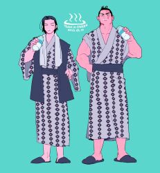 2boys after_bathing alternate_costume black_hair bottle couple foam_mustache full_body japanese_clothes jujutsu_kaisen kamo_noritoshi kimono light_frown looking_at_viewer male_focus milk_bottle multiple_boys muscular muscular_male pectoral_cleavage pectorals rin5su0605 scar scar_across_eye scar_on_face short_hair side-by-side slippers standing toudou_aoi_(jujutsu_kaisen) yaoi