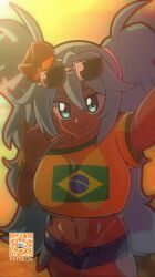 1girl acefish animated animated_gif blue_eyes blue_hair bouncing_breasts bracelet brazilian_flag brazilian_flag_print brazilian_miku breast_peek breasts crop_top dark-skinned_female dark_skin denim flag_print flower hair_between_eyes hair_flower hair_ornament hairdressing hatsune_miku highres jeans jewelry jumping large_breasts long_hair navel off_shoulder pants selfie shaka_sign shirt short_shorts shorts single_bare_shoulder smile solo sunglasses_on_head sunset t-shirt tagme tan tanline twintails unbuttoned underboob very_long_hair video wavy_hair yellow_shirt