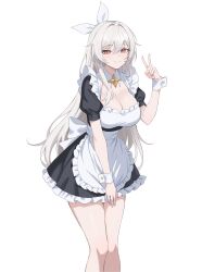 1girl absurdres apron birth&#039;s_character black_dress breasts cleavage closed_mouth collared_dress commission dress dungeon_and_fighter frilled_apron frills hair_ribbon hand_up highres large_breasts long_hair looking_at_viewer maid_apron original red_eyes ribbon second-party_source short_sleeves simple_background smile solo thighs v very_long_hair white_background white_hair wrist_cuffs ysoa26
