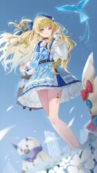 1girl adjusting_clothes adjusting_headwear basket beret bird blonde_hair blue_bird blue_bow blue_bowtie blue_hat blue_skirt blue_sky blurry blurry_background bow bowtie broken_pillar feet_out_of_frame floating_hair flower grin hair_bow hand_up hat highres holding holding_basket kuramoto_beta-carotene long_hair long_sleeves miniskirt official_alternate_costume phoebe_(wuthering_waves) puffy_long_sleeves puffy_sleeves purple_eyes shirt skirt sky smile socks solo standing tacet_discord_(wuthering_waves) tacet_mark_(wuthering_waves) turning_head white_flower white_shirt white_socks wuthering_waves