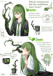 1boy absurdres adam&#039;s_apple armband black_jacket blush can chibi chibi_inset collared_shirt crying crying_with_eyes_open dress_shirt english_text enkephalin_(project_moon) eyebrow_cut formal_clothes green_armband green_hair green_necktie highres jacket lapels lobotomy_corporation long_hair material_growth multiple_views necktie netzach_(project_moon) non-humanoid_robot off_shoulder opened_can_of_wellcheers ori_oriio pain plant potted_plant project_moon robot shirt squiggle suit tears trembling veins veiny_face veiny_neck vitruvian_man white_shirt wide-eyed