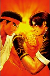 2boys absurdres black_hair brown_hair capcom_vs_snk clenched_hand curtained_hair dougi fingerless_gloves from_side game_cg gloves headband highres jacket kusanagi_kyou looking_at_another male_focus mori_toshiaki multiple_boys muscular muscular_male non-web_source official_art raised_fist red_headband ryu_(street_fighter) short_hair snk solo street_fighter the_king_of_fighters white_headband
