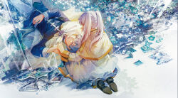 Rule 34 | 1boy, 1girl, aqua flower, black shoes, blue eyes, blue hair, blue pants, blue shirt, broken glass, capelet, cloak, commentary request, earrings, elf, fingernails, flower, frieren, glass, grin, hand on own hip, hand up, highres, himmel (sousou no frieren), jacket, jewelry, long hair, long sleeves, looking at another, lying, on back, on ground, pants, pointy ears, reaching, reaching towards another, seiza, shirt, shoes, sitting, skirt, smile, sousou no frieren, stepcacc, straight hair, teardrop earrings, twintails, white background, white capelet, white cloak, white flower, white jacket, white skirt