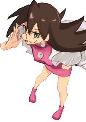 Rule 34 | 1girl, adjusting eyewear, brown hair, coat, dress, earrings, glasses, highres, jewelry, lab coat, long hair, mega man (series), mega man legends (series), pink dress, round eyewear, simple background, skull brooch, skull earrings, solo, tikuwabu 33, tron bonne (mega man), white background, white coat