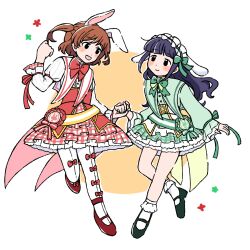 2girls :d aijou_karen animal_ears animal_print ankle_strap arm_ribbon asymmetrical_sleeves black_eyes blunt_bangs blush_stickers bow bowtie brown_hair cape capelet clenched_hand closed_mouth cockade commentary corset cross-laced_clothes cross-laced_corset dress fake_animal_ears fingernails floating frilled_dress frilled_hairband frills green_bow green_bowtie green_capelet green_dress green_nails green_ribbon green_sash green_shoes hair_bow hairband hand_up head_tilt highres holding_hands juliet_sleeves kurage01ria layered_dress leg_up leggings long_hair long_sleeves looking_ahead mary_janes multiple_girls official_alternate_costume open_mouth orange_background petticoat plaid_clothes plaid_dress puffy_sleeves purple_hair rabbit_ears rabbit_print red_bow red_bowtie red_cape red_corset red_dress red_nails red_ribbon red_shoes red_trim ribbon sash shoes short_dress short_hair shoujo_kageki_revue_starlight sleeves_past_wrists smile socks striped_sash swept_bangs tsuyuzaki_mahiru two-tone_background two-tone_dress two-tone_sash two_side_up uneven_sleeves waist_cape waist_sash white_background white_capelet white_corset white_dress white_leggings white_sash white_socks wrist_ribbon yellow_cape yellow_sash