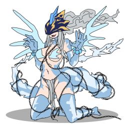 alternate_costume angewomon breasts chain covered_eyes digimon digimon_(creature) dragon_girl dragon_horns dragon_tail gerusyu horns large_breasts qinglongmon tail thunder white_hair wings