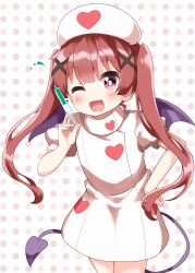 1girl :d blunt_bangs blush bright_pupils commentary_request cowboy_shot demon_girl demon_tail demon_wings dress fang hair_ornament hand_on_own_hip hat highres holding holding_syringe long_hair looking_at_viewer nurse_cap open_mouth pink_eyes polka_dot polka_dot_background red_hair ruu_(tksymkw) short_sleeves skin_fang smile solo syringe tail tanemura_koyori twintails watashi_ni_tenshi_ga_maiorita! white_background white_dress white_hat wings x_hair_ornament