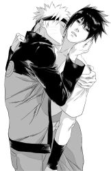2boys arm_around_shoulder banana81137 chinese_commentary closed_mouth commentary_request cowboy_shot facial_mark greyscale hair_between_eyes hand_on_another&#039;s_face headband highres jacket kiss kissing_neck long_sleeves looking_to_the_side male_focus monochrome multiple_boys naruto naruto_(series) naruto_shippuuden parted_lips popped_collar sideburns simple_background uchiha_sasuke uzumaki_naruto whisker_markings white_background yaoi